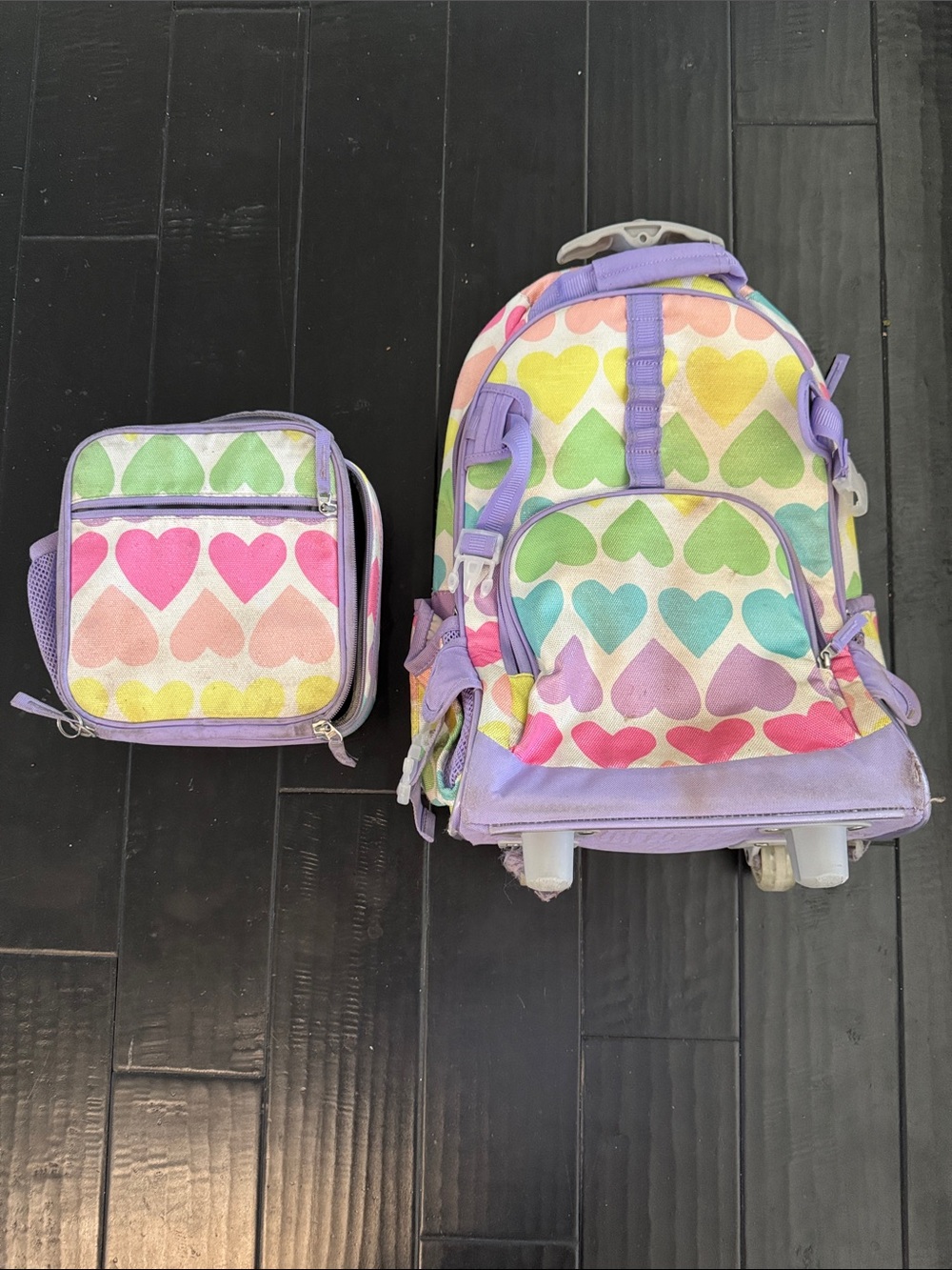 Pottery Barn Kids Heart Pattern Rolling Backpack with Lunch Bag - Purple Multi